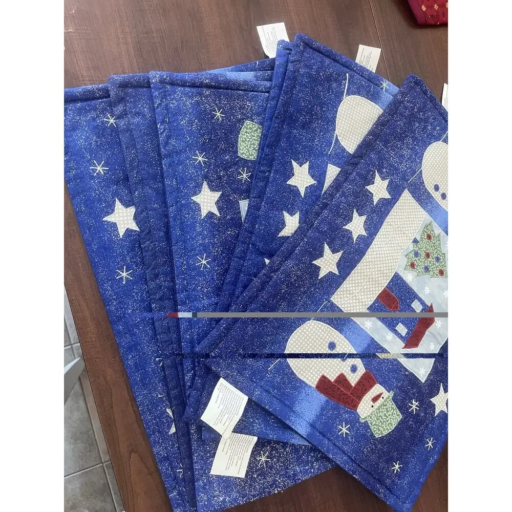 Vintage Blue Placemats Snowman Christmas Set Of 6 Patchwork Folklore